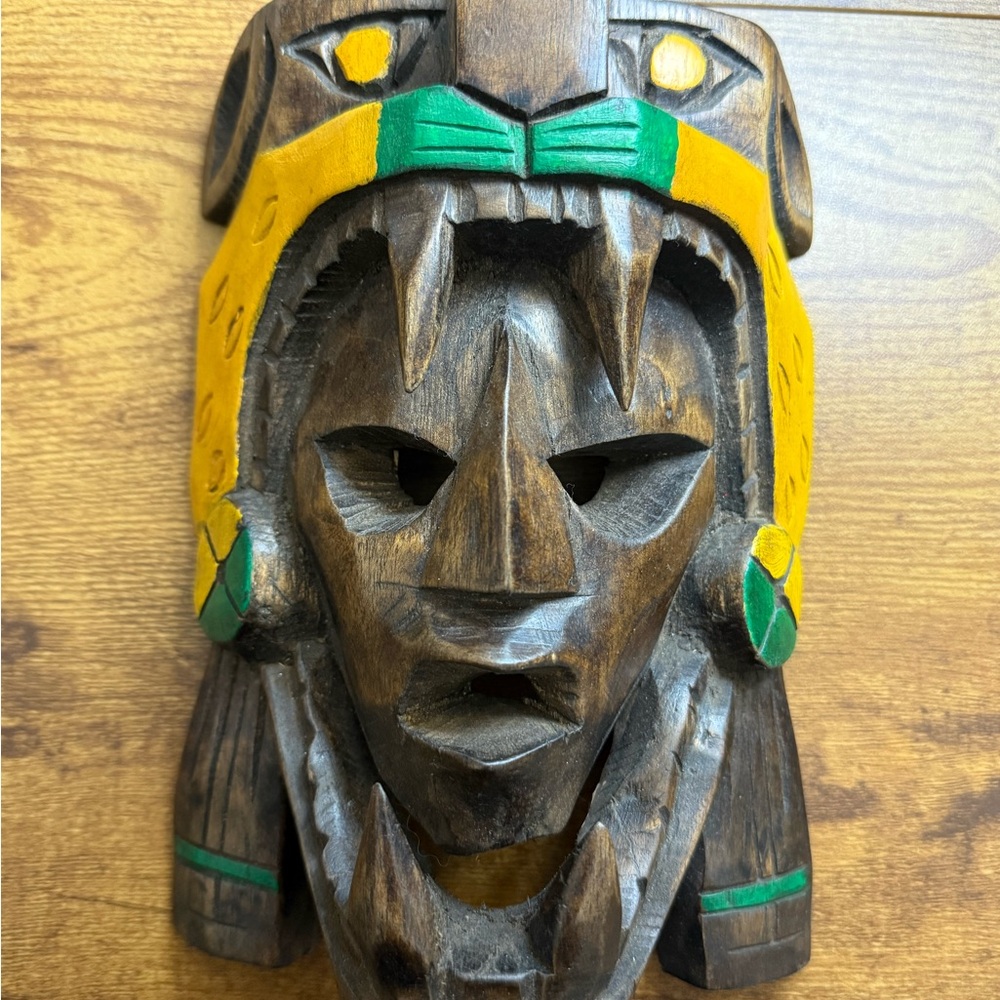 Wooden Tribal Mask with Yellow and Green Accents